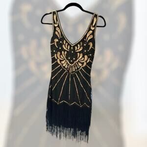 1920’s Flapper Dress Black Gold Sequin Fringe. Worn once. Excellent condition.